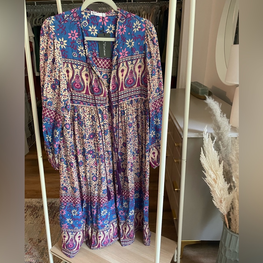 Boho hippie chic beach midi dress in cobalt blue and purple paisley